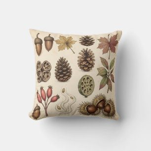 Vintage Botanical Autumn Acorns Pinecones Leaves Cushion