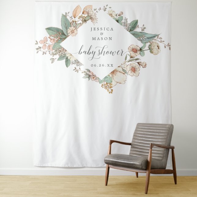 Vintage Botanical Baby Shower Backdrop Tapestry (In Situ)