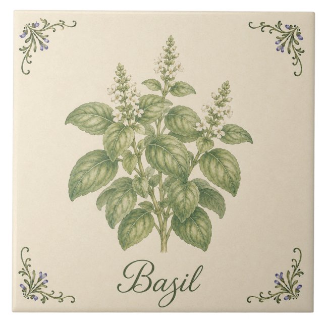 Vintage Botanical Basil Herb Kitchen Garden Tile (Front)