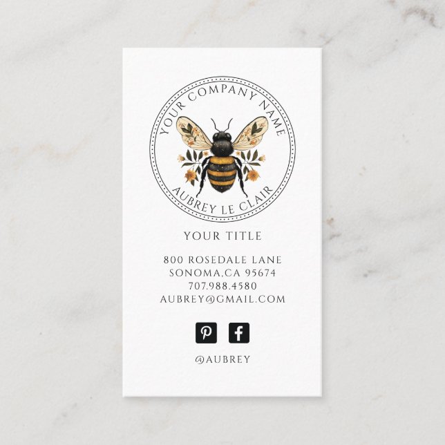 Vintage Botanical Bee Logo Template Business Card (Front)