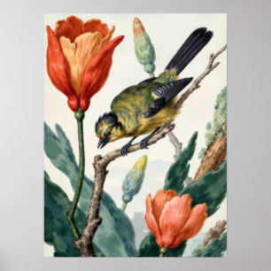 Vintage Botanical Bird Floral Wall Art Poster