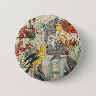 Vintage Botanical Bird Nature Antique Tropical  6 Cm Round Badge
