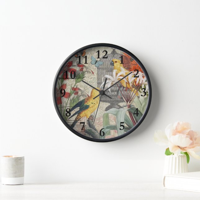 Vintage Botanical Bird Nature Antique Tropical  Clock (Home)