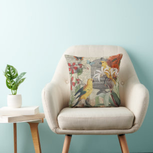 Vintage Botanical Bird Nature Antique Tropical  Cushion
