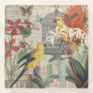 Vintage Botanical Bird Nature Antique Tropical Glass Coaster