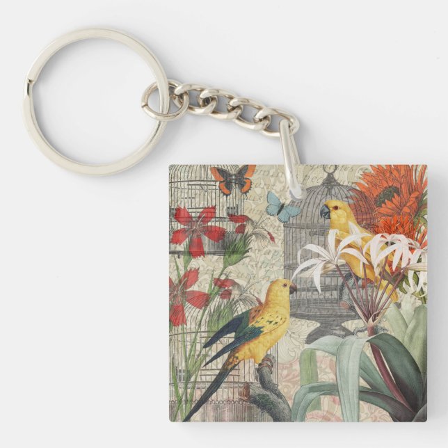 Vintage Botanical Bird Nature Antique Tropical  Key Ring (Front)