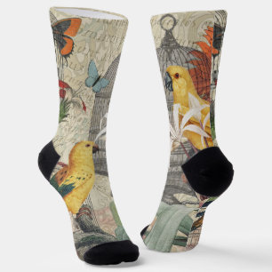 Vintage Botanical Bird Nature Antique Tropical  Socks