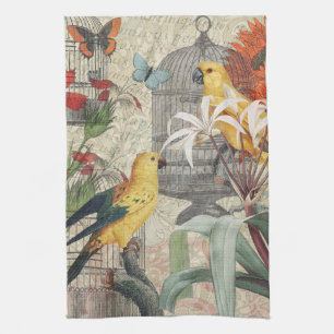 Vintage Botanical Bird Nature Antique Tropical  Tea Towel
