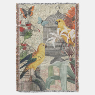 Vintage Botanical Bird Nature Antique Tropical  Throw Blanket