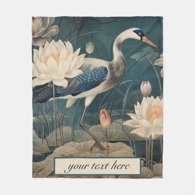 Vintage botanical blue crane customisable  fleece blanket (Front)