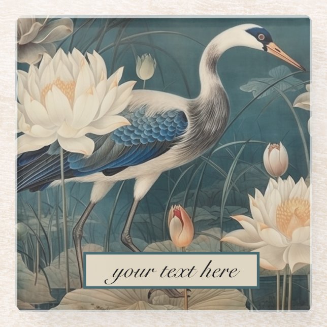 Vintage botanical blue crane customisable  glass coaster (Front)