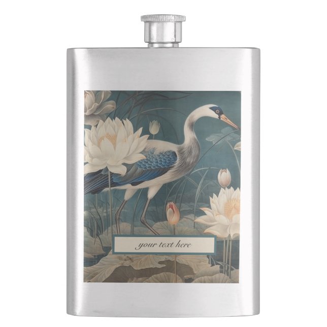 Vintage botanical blue crane customisable  hip flask (Front)