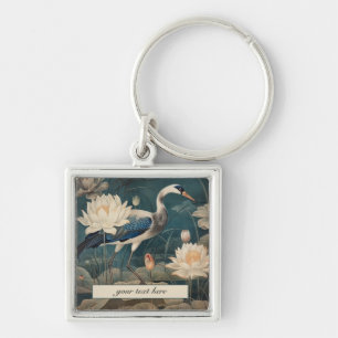Vintage botanical blue crane customisable  key ring