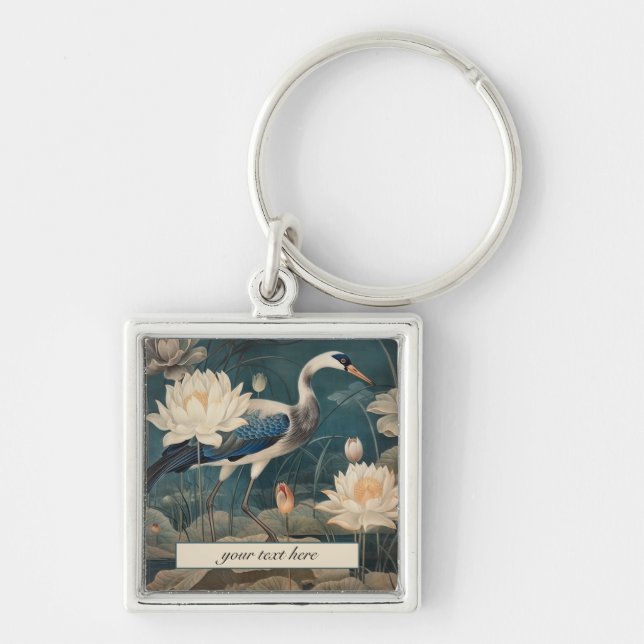 Vintage botanical blue crane customisable  key ring (Front)