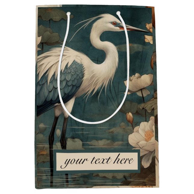 Vintage botanical blue crane customisable  medium gift bag (Front)