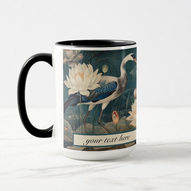 Vintage botanical blue crane customisable  mug (Left)