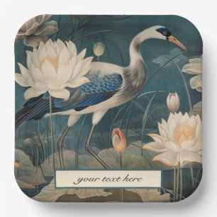 Vintage botanical blue crane customisable paper plate