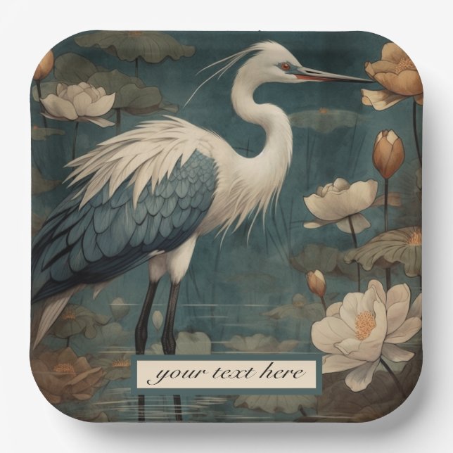 Vintage botanical blue crane customisable paper plate (Front)