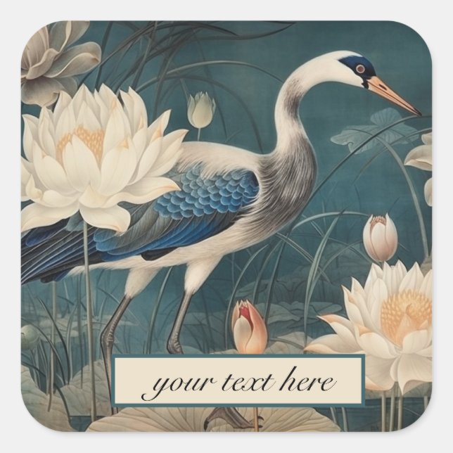 Vintage botanical blue crane customisable  square sticker (Front)