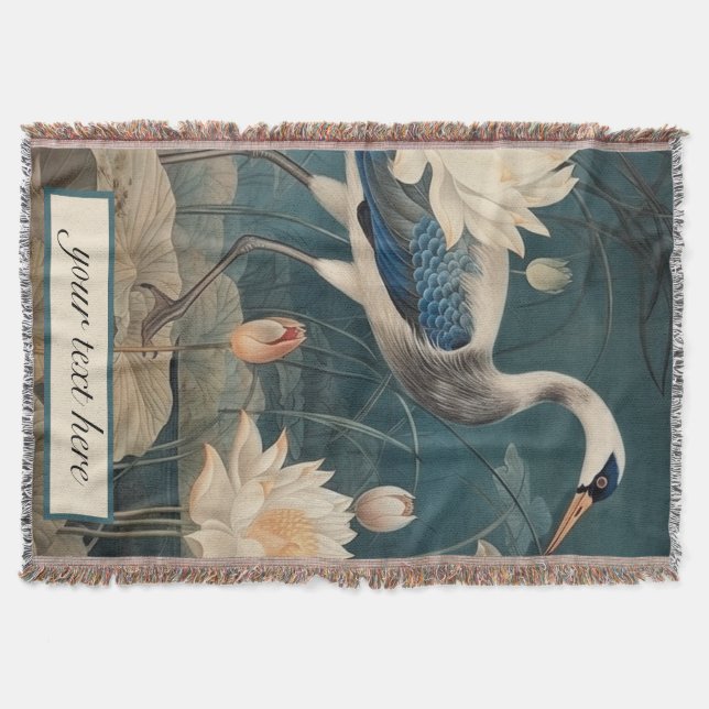 Vintage botanical blue crane customisable  throw blanket (Front)