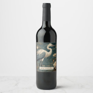 Vintage botanical blue crane customisable  wine label
