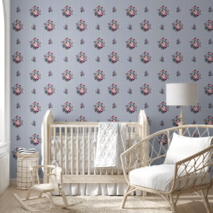 Vintage Botanical Blue Grey Flower Ticking Stripes Wallpaper