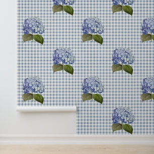 Vintage Botanical Blue Hydrangea Flower Gingham Wallpaper
