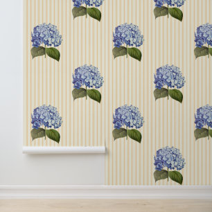 Vintage Botanical Blue Hydrangea Flower Stripe Wallpaper