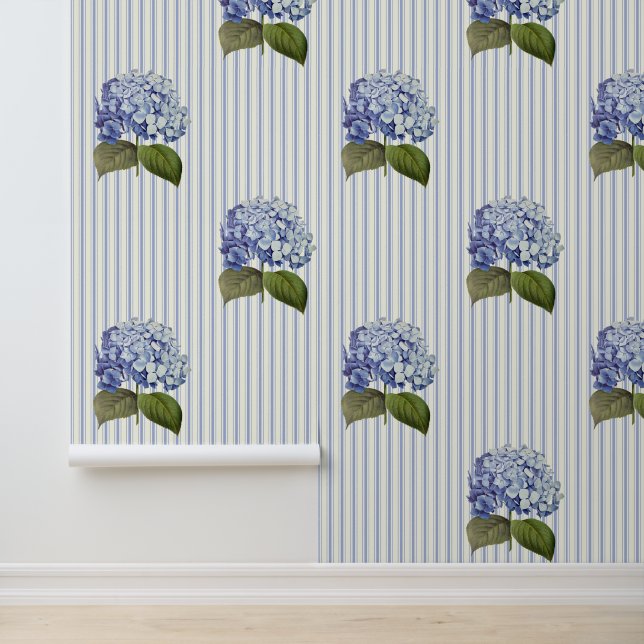 Vintage Botanical Blue Hydrangea Flower Stripe Wallpaper (Application)