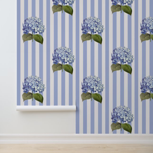 Vintage Botanical Blue Hydrangea Flower Stripe Wallpaper (Application)