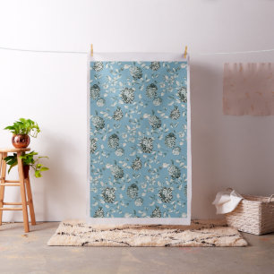 Vintage Botanical Blue Tansy Floral Toile Cotton Fabric