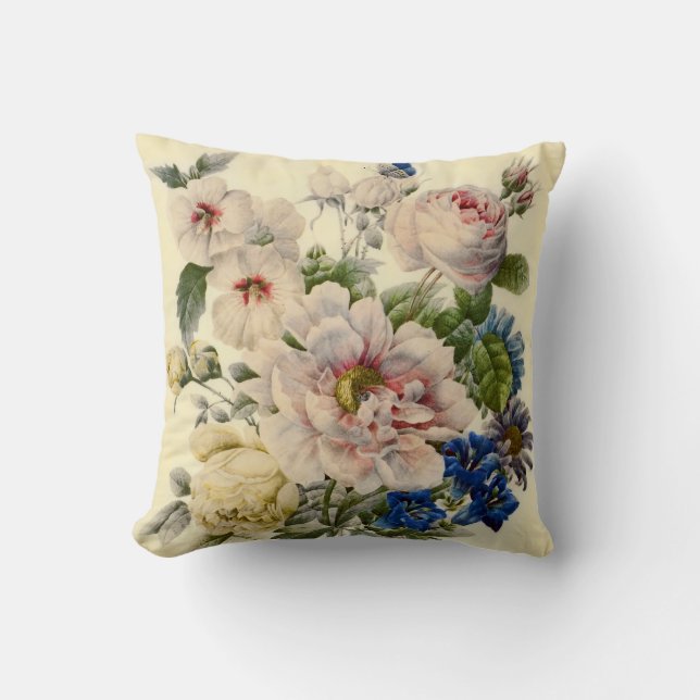Vintage Botanical Bouquet of Mixed Flowers Cushion (Front)
