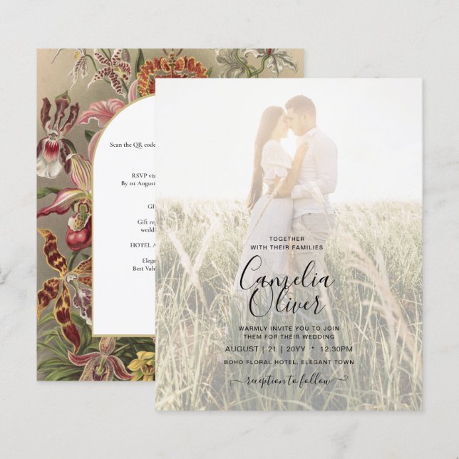 Vintage Botanical Burgundy Floral Wedding Invite (Front/Back)