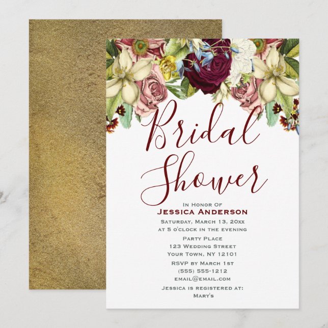 Vintage Botanical Burgundy Gold Bridal Shower Invitation (Front/Back)