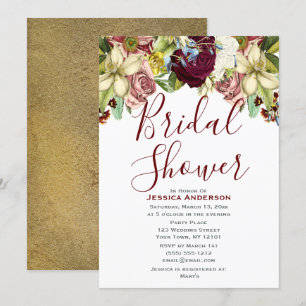 Vintage Botanical Burgundy Gold Bridal Shower Invitation