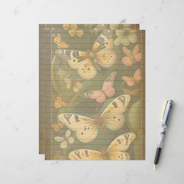 Vintage Botanical Butterflies Scrapbook Paper (Front/Back In Situ)