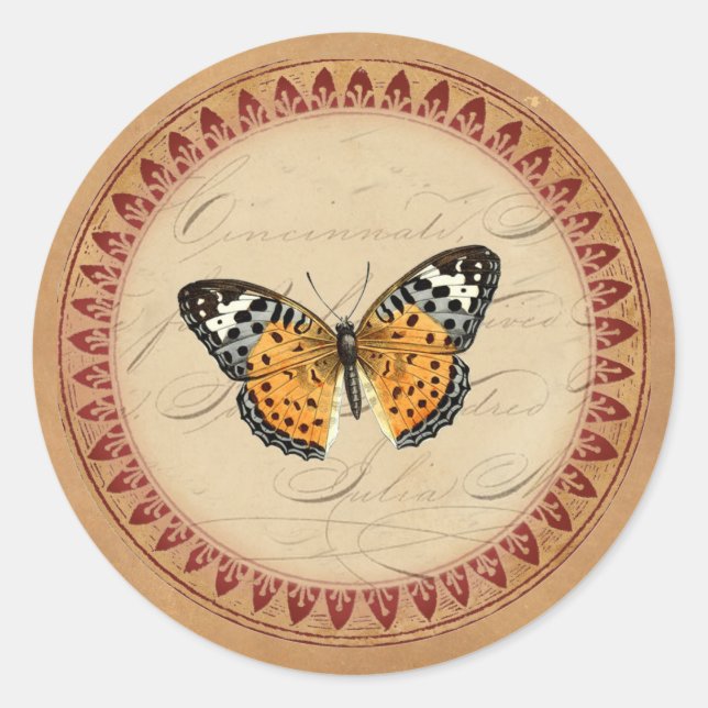 Vintage Botanical Butterfly Round Classic Round Sticker (Front)