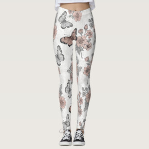 Vintage Botanical Butterfly Toile Pattern (1) Leggings