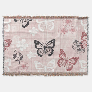 Vintage Botanical Butterfly Toile Pattern (1) Throw Blanket