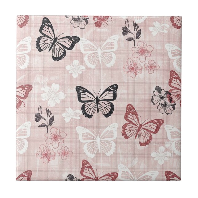 Vintage Botanical Butterfly Toile Pattern (1) Tile (Front)