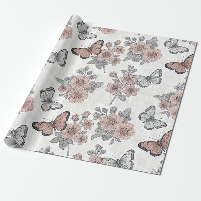 Vintage Botanical Butterfly Toile Pattern (1) Wrapping Paper (Unrolled)