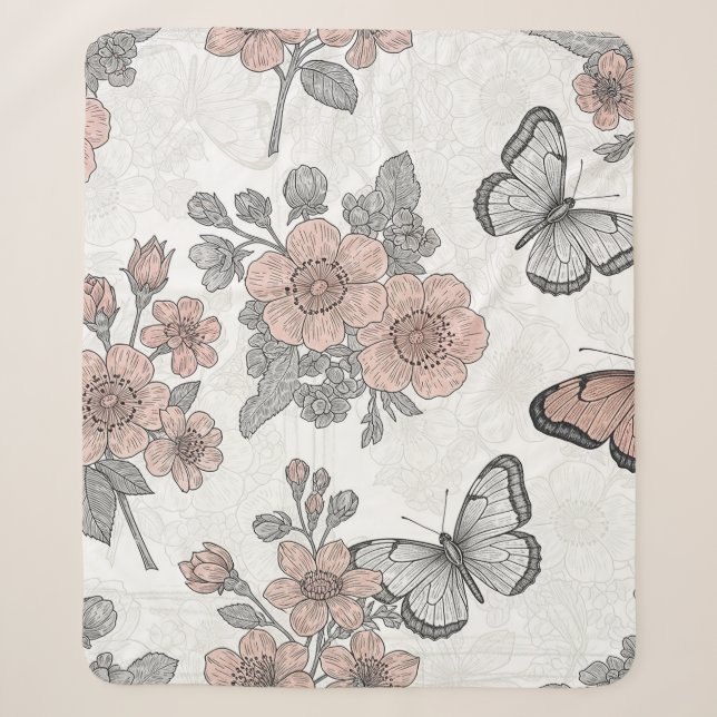 Vintage Botanical Butterfly Toile Pattern (2) Sherpa Blanket (Front)