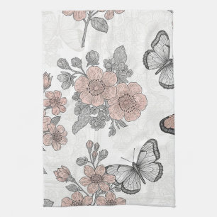Vintage Botanical Butterfly Toile Pattern (2) Tea Towel