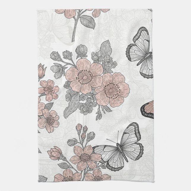 Vintage Botanical Butterfly Toile Pattern (2) Tea Towel (Vertical)