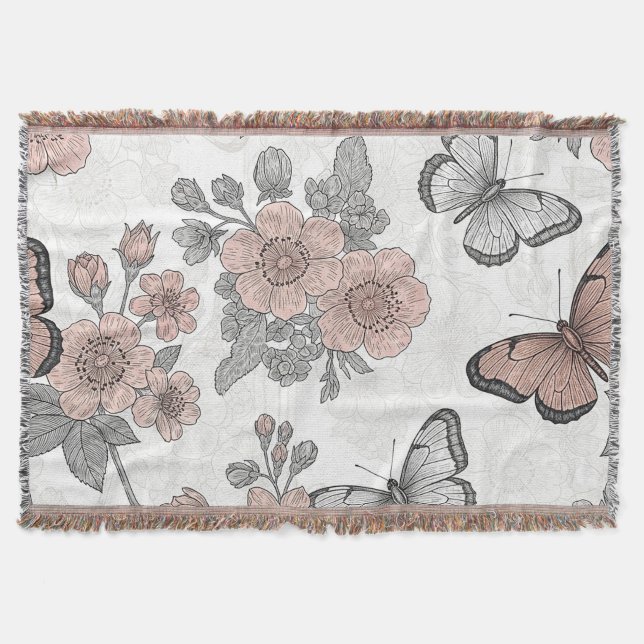 Vintage Botanical Butterfly Toile Pattern (2) Throw Blanket (Front)