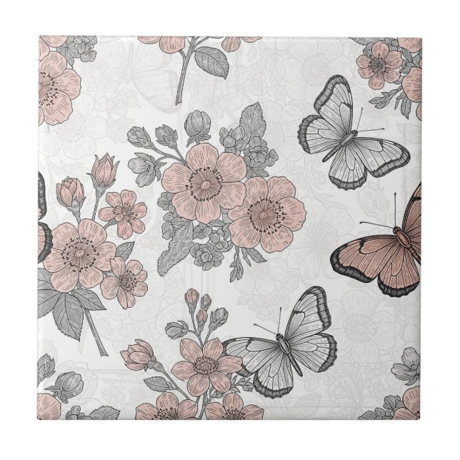 Vintage Botanical Butterfly Toile Pattern (2) Tile (Front)