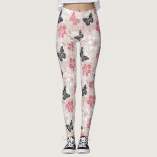 Vintage Botanical Butterfly Toile Pattern (3) Leggings