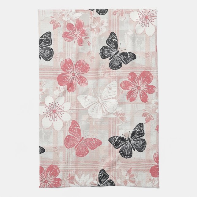 Vintage Botanical Butterfly Toile Pattern (3) Tea Towel (Vertical)
