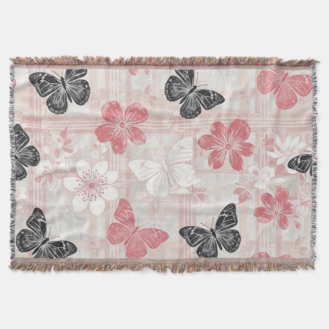 Vintage Botanical Butterfly Toile Pattern (3) Throw Blanket (Front)