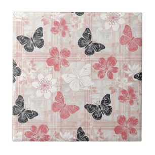 Vintage Botanical Butterfly Toile Pattern (3) Tile